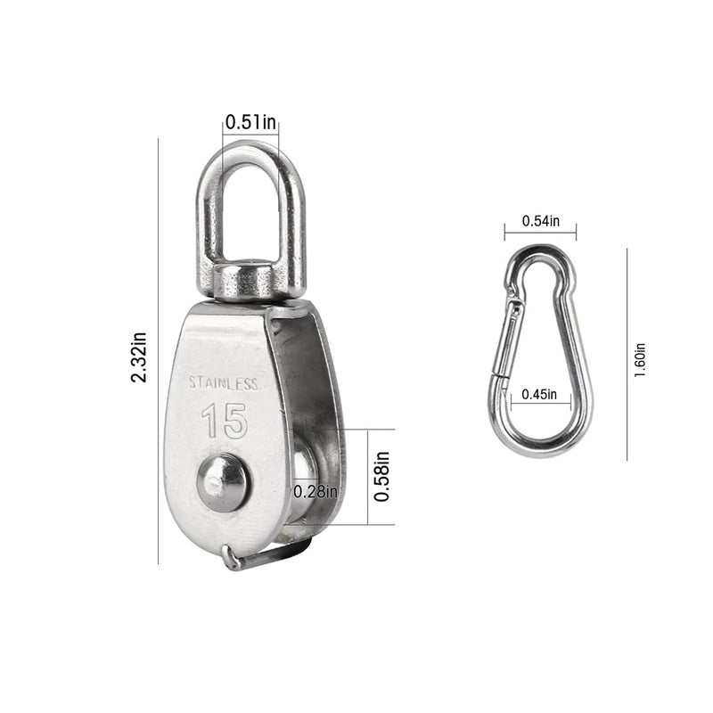 LESHOW 2Pcs M15 Single Pulley Block (304 Stainless Steel), Wire Rope Hanging Wire Towing Wheel, with 2Pcs Spring Snap Hook - Image 2